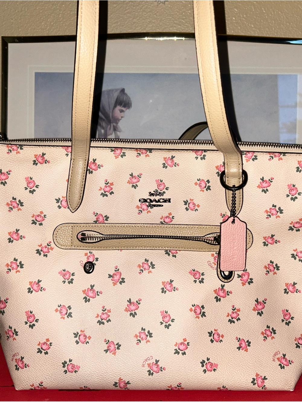 COACH Pink Floral Tote with Beige Trim
